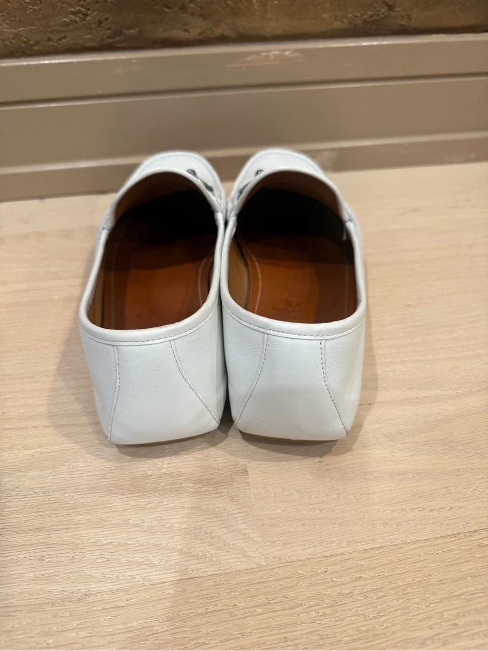 Gucci White Leather Loafers with Navy & Red Web and Silver Horsebit